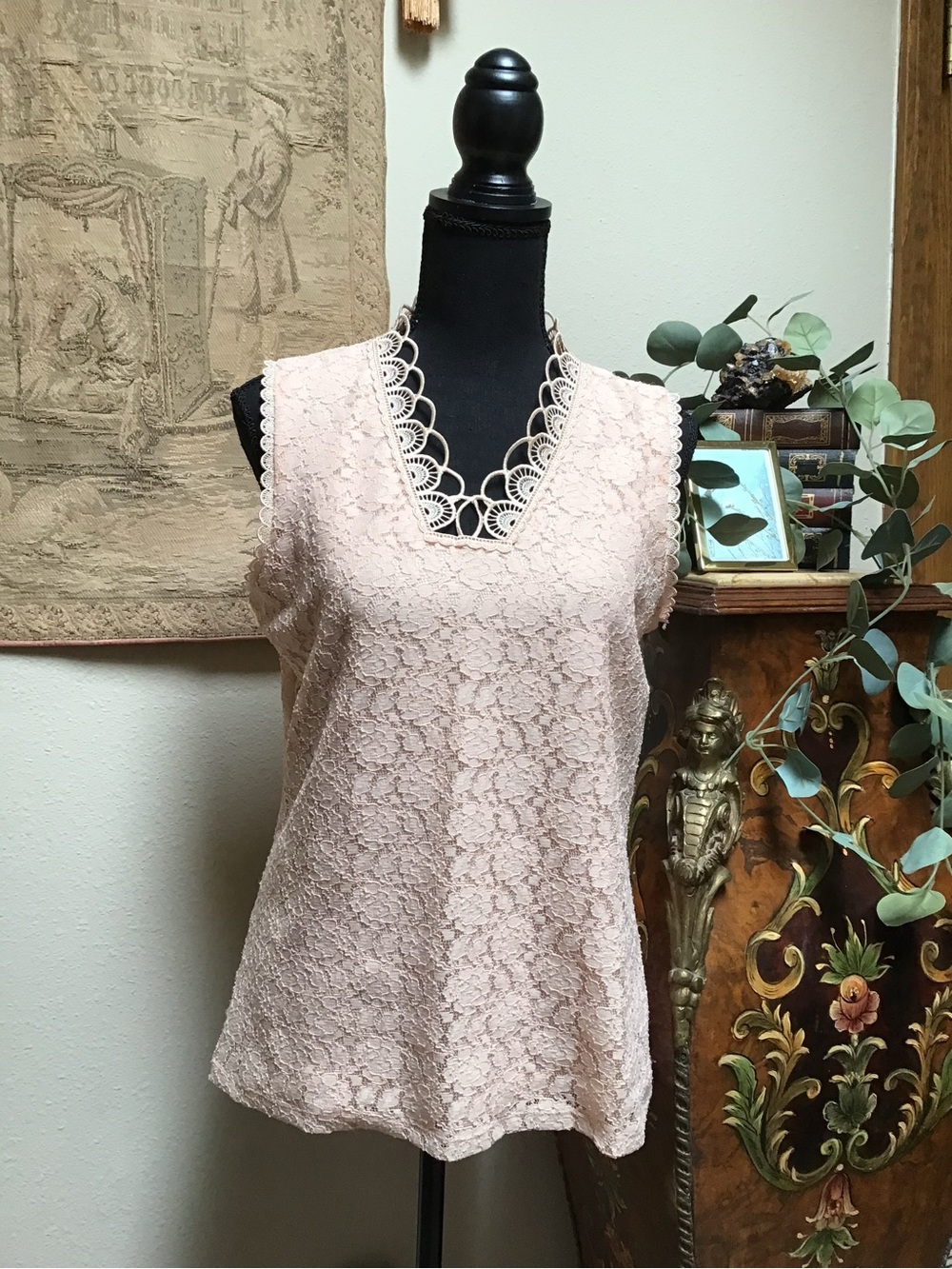 Delicate Lace V-Neck Sleeveless Top - Blush Pink
